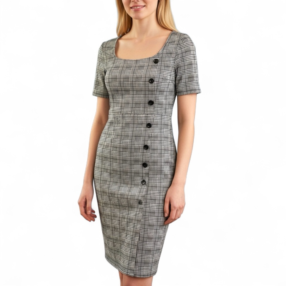 Posh Black and White Plaid Midi‎ Dress